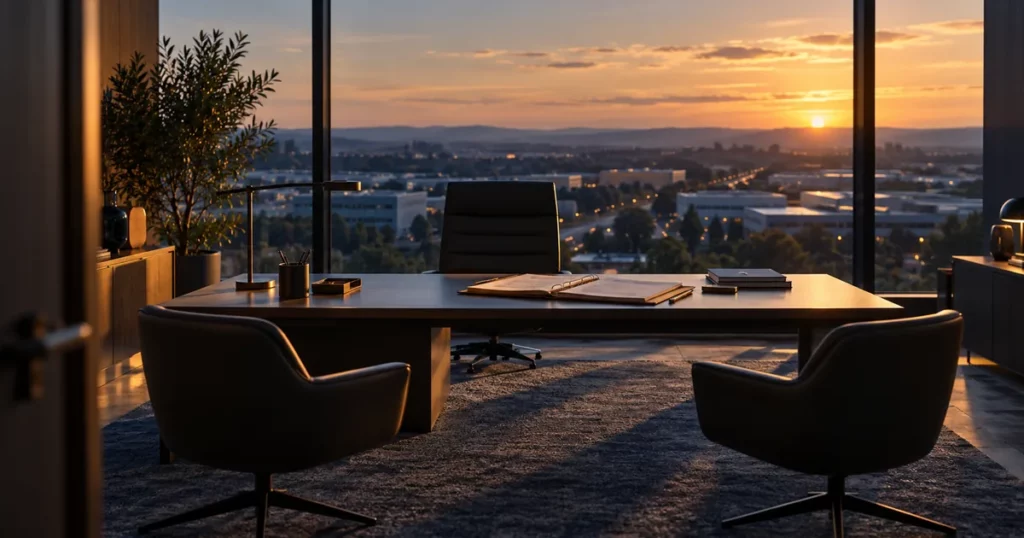 Bureau de direction avec une chemise de documents ouverte, vue sur une zone d'activité au crépuscule