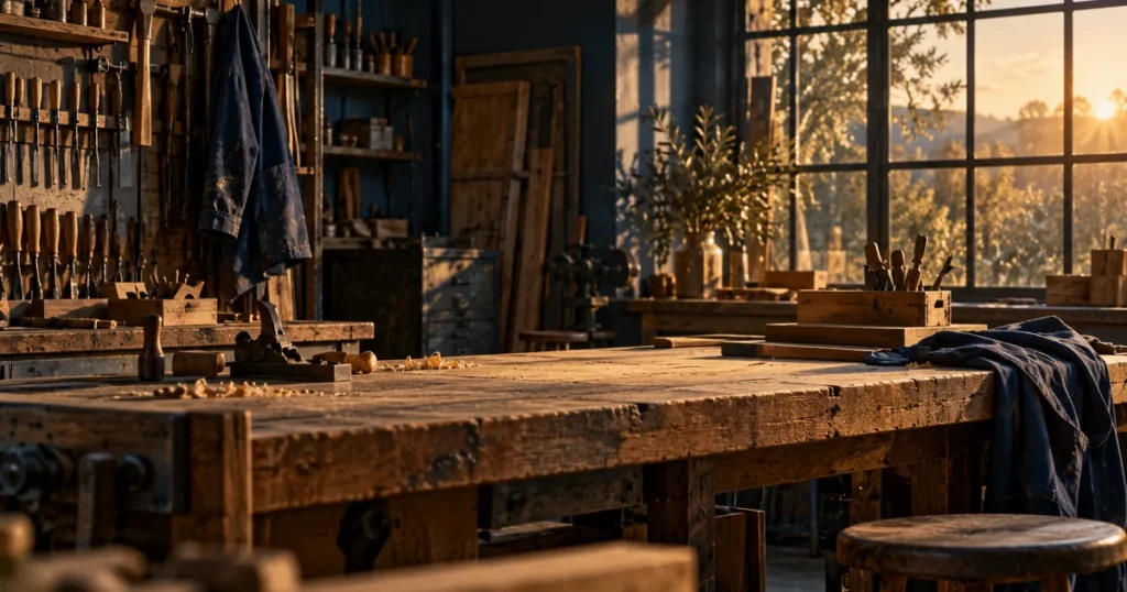 Atelier d'une entreprise familiale en fin de journée, établi en bois et outils rangés au mur