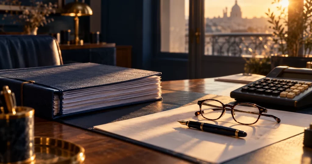 Comptes annuels reliés, calculatrice et stylo plume sur le bureau d'un expert-comptable