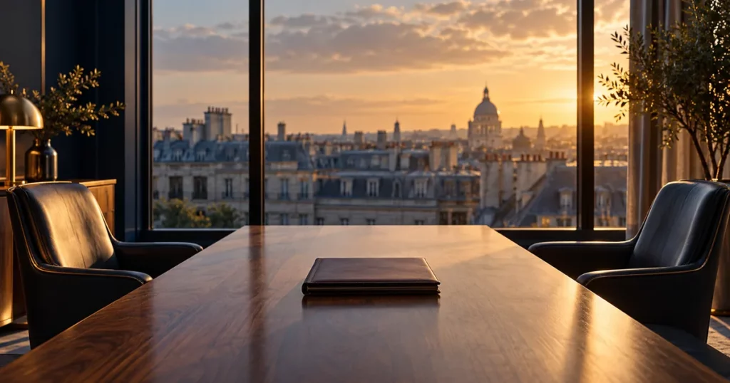 Salle de réunion d'un cabinet de conseil en cession, table en noyer et dossier relié fermé