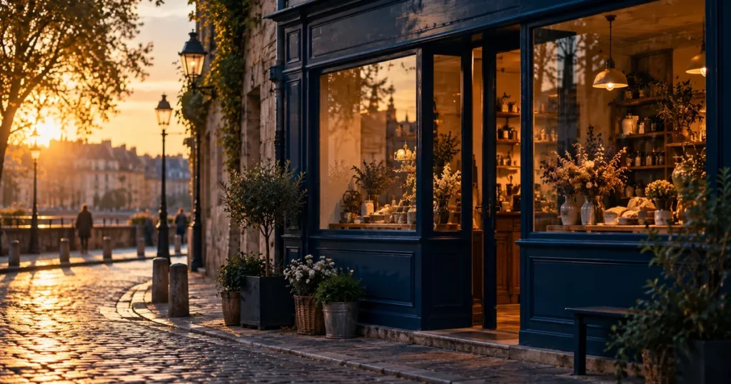 Vitrine éclairée d'un commerce de quartier à l'heure de la fermeture, devanture en bois bleu nuit